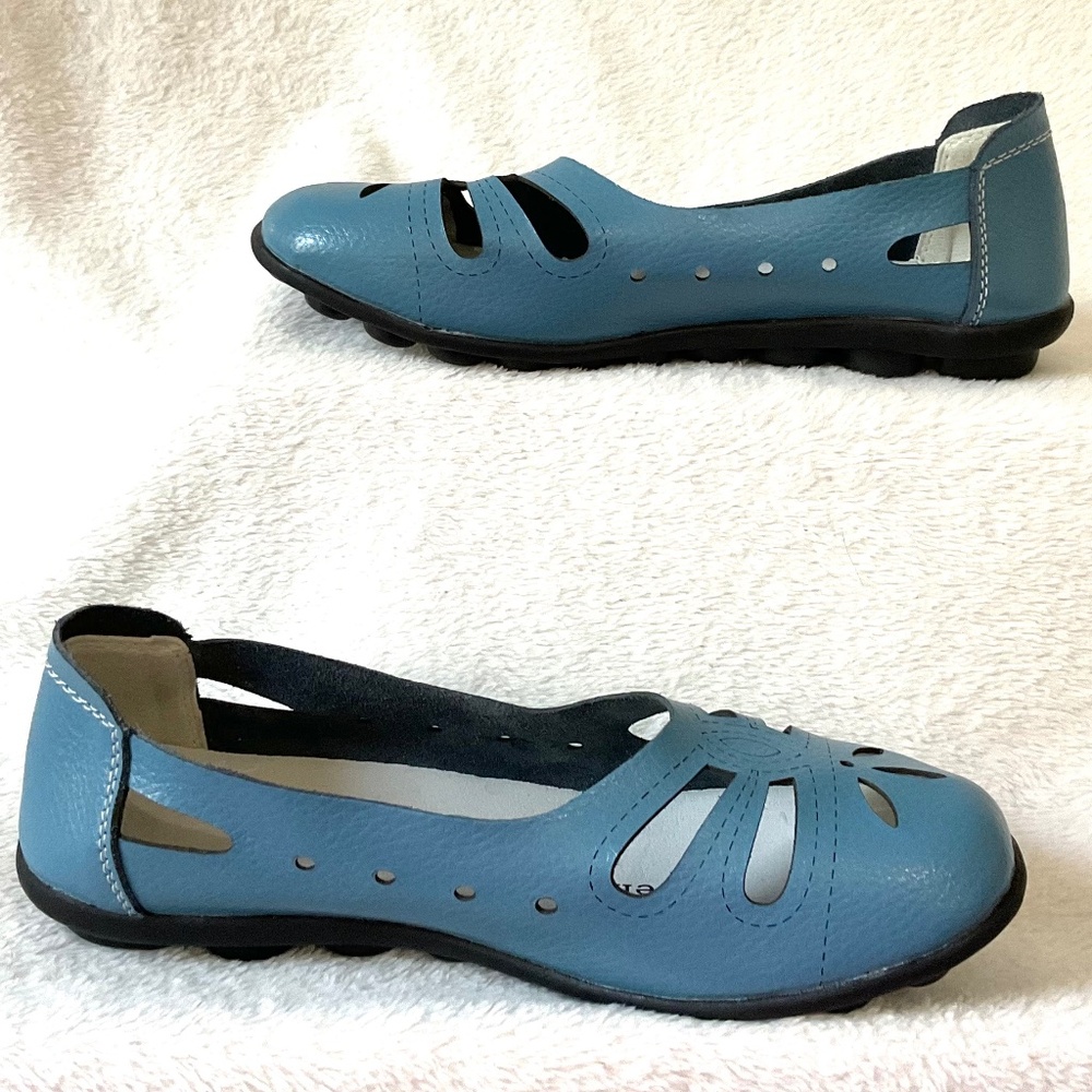 Blue Genuine Leather Minimalist Comfort Slip On Flats Cutout Shoes Size 7 - Picture 2 of 12